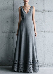 Elegant Charcoal Grey V Neck Patchwork Cotton Long Dress Summer