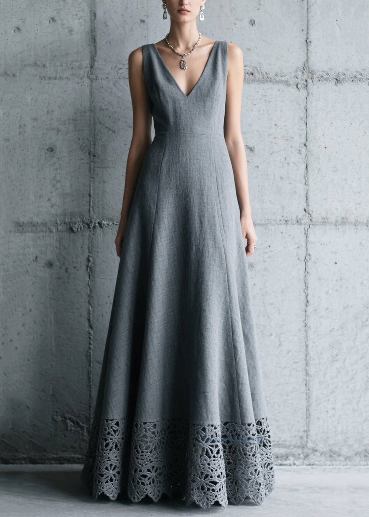 Elegant Charcoal Grey V Neck Patchwork Cotton Long Dress Summer