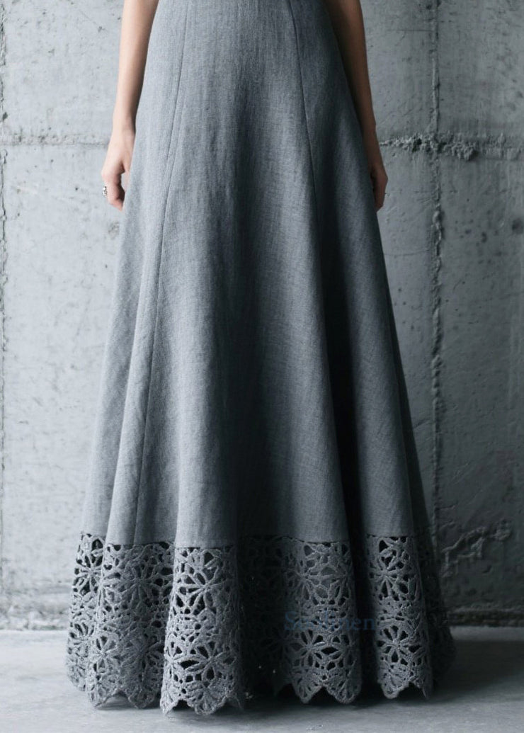 Elegant Charcoal Grey V Neck Patchwork Cotton Long Dress Summer