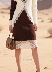 Elegant Chocolate Patchwork Lace Sweater Dress Winter