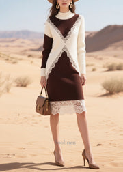 Elegant Chocolate Patchwork Lace Sweater Dress Winter