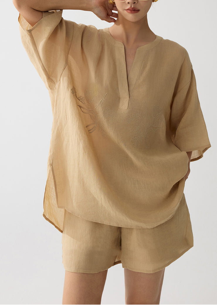Elegant Coffee Embroidered Linen Two Pieces Set Summer