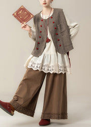 Elegant Coffee Pockets Woolen Waistcoat And Ruffled Pants Hollow Out T Shirt Cotton Three Pieces Set Fall