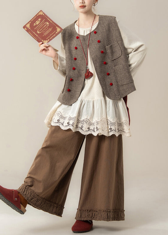 Elegant Coffee Pockets Woolen Waistcoat And Ruffled Pants Hollow Out T Shirt Cotton Three Pieces Set Fall