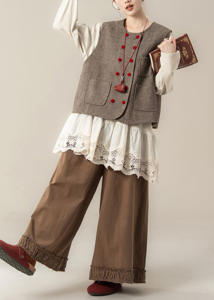 Elegant Coffee Pockets Woolen Waistcoat And Ruffled Pants Hollow Out T Shirt Cotton Three Pieces Set Fall