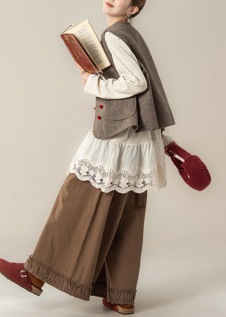 Elegant Coffee Pockets Woolen Waistcoat And Ruffled Pants Hollow Out T Shirt Cotton Three Pieces Set Fall