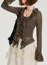 Elegant Coffee Ruffled Hollow Out Knit Shirts Flare Sleeve