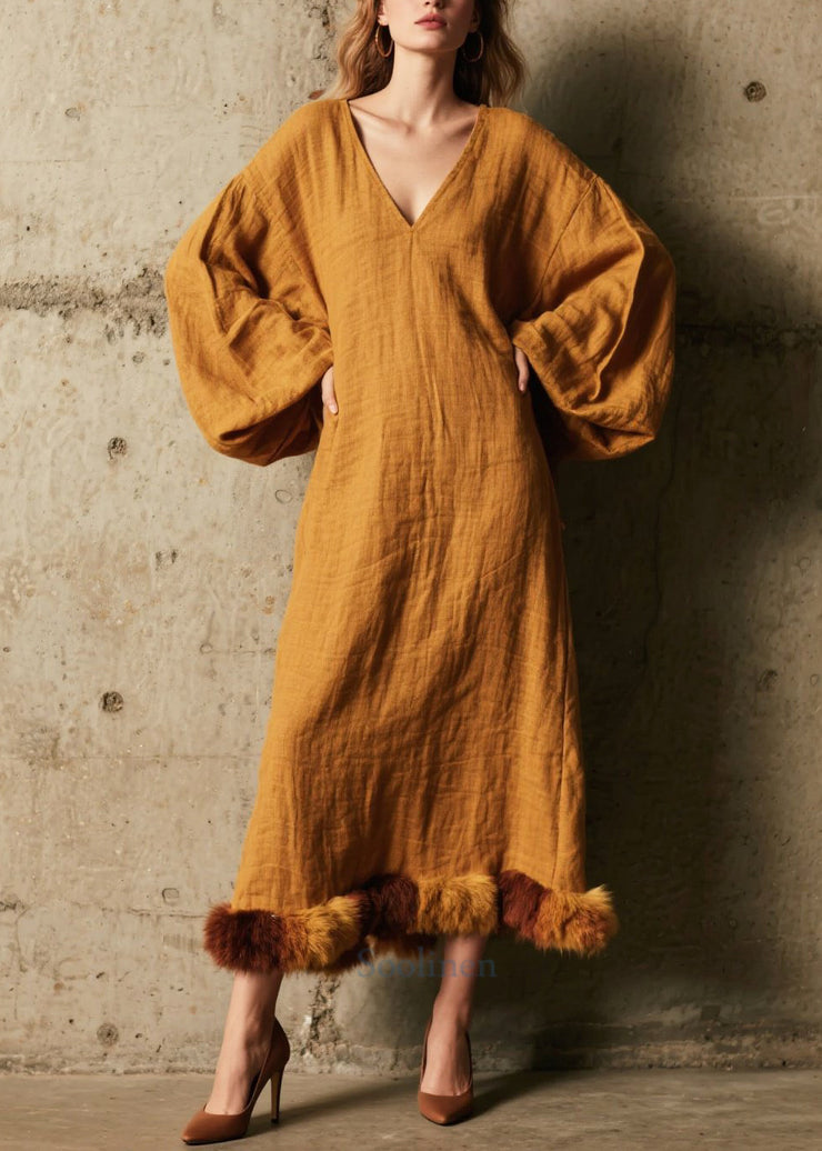 Elegant Coffee V Neck Patchwork Faux Fur Dress Lantern Sleeve