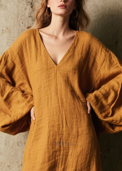 Elegant Coffee V Neck Patchwork Faux Fur Dress Lantern Sleeve