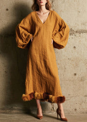 Elegant Coffee V Neck Patchwork Faux Fur Dress Lantern Sleeve