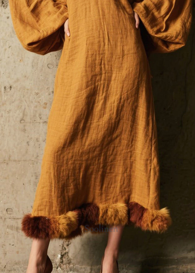Elegant Coffee V Neck Patchwork Faux Fur Dress Lantern Sleeve