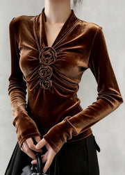 Elegant Coffee V Neck Wrinkled Floral Silk Velour T Shirt Winter