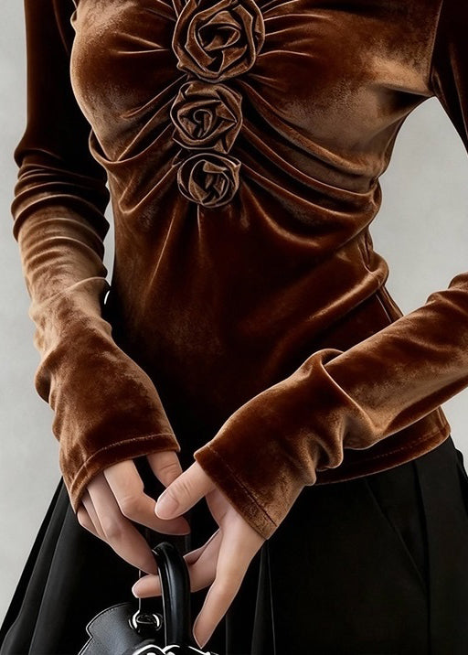 Elegant Coffee V Neck Wrinkled Floral Silk Velour T Shirt Winter
