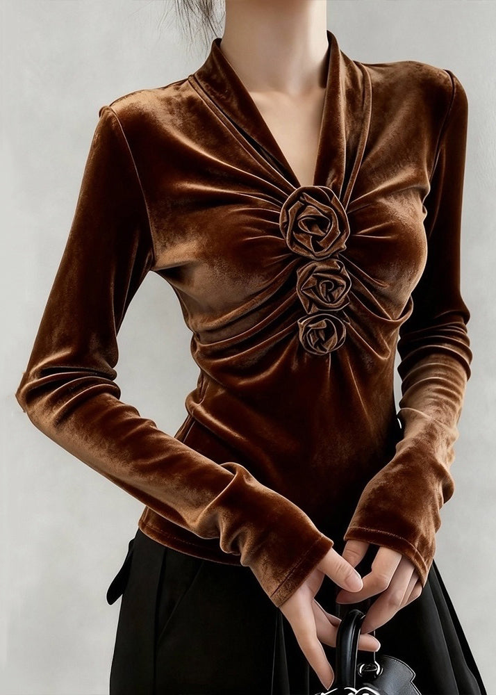 Elegant Coffee V Neck Wrinkled Floral Silk Velour T Shirt Winter
