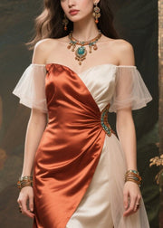 Elegant Colorblock Backless Patchwork Side Open Silk Dinner Dress Summer