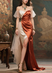 Elegant Colorblock Backless Patchwork Side Open Silk Dinner Dress Summer