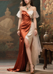 Elegant Colorblock Backless Patchwork Side Open Silk Dinner Dress Summer