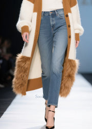 Elegant Colorblock Oversized Patchwork Faux Fur Knit Long Cardigans Winter