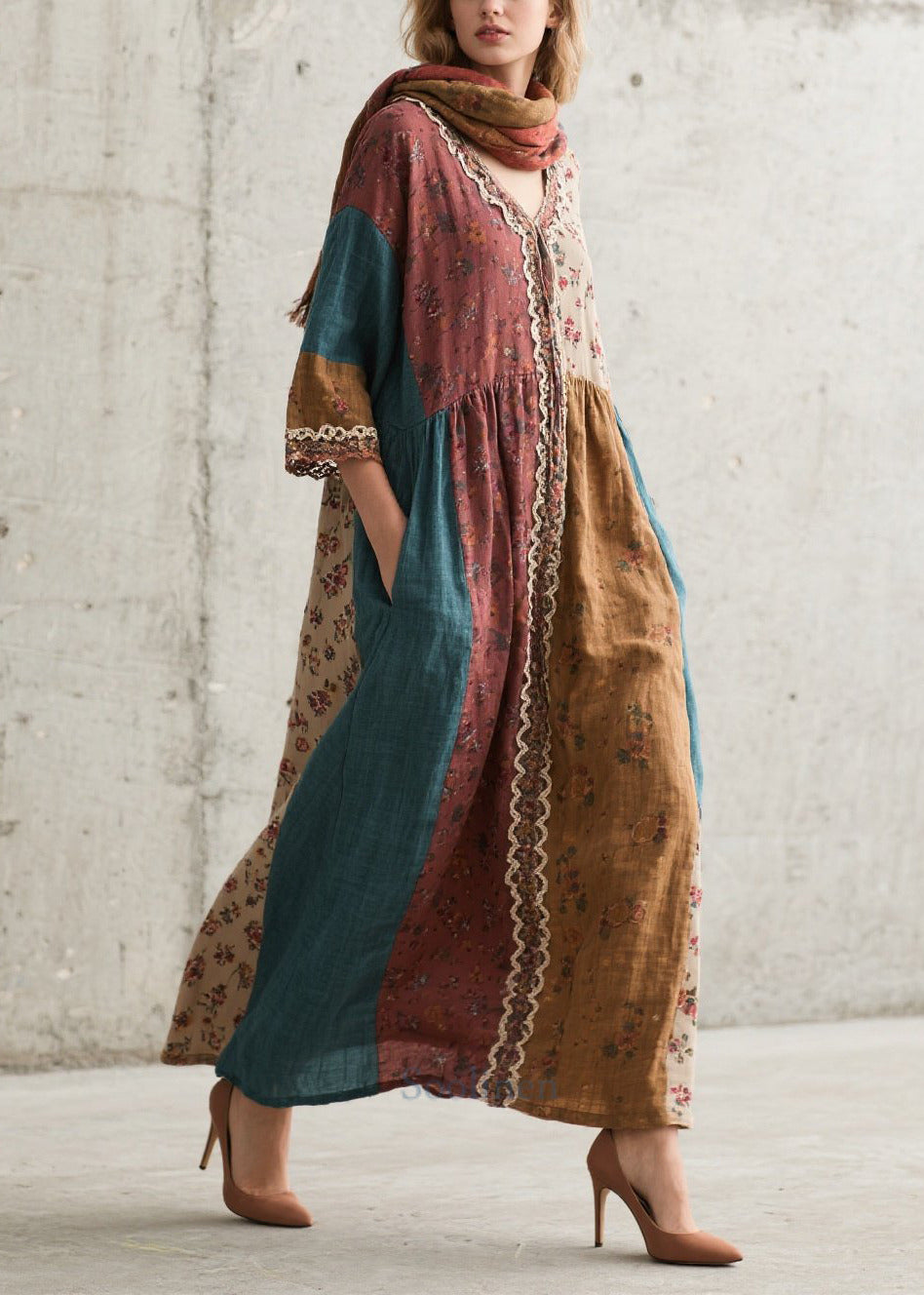 Vintage Color Block Patchwork Exra Large Hem Cotton Spaghetti Strap Dress Summer main image 1