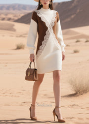 Elegant Colorblock Patchwork Lace Sweater Dress Winter