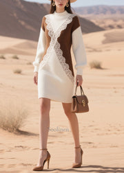 Elegant Colorblock Patchwork Lace Sweater Dress Winter