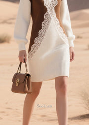 Elegant Colorblock Patchwork Lace Sweater Dress Winter
