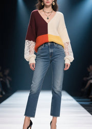 Elegant Colorblock V Neck Lace Patchwork Knit Sweater Fall