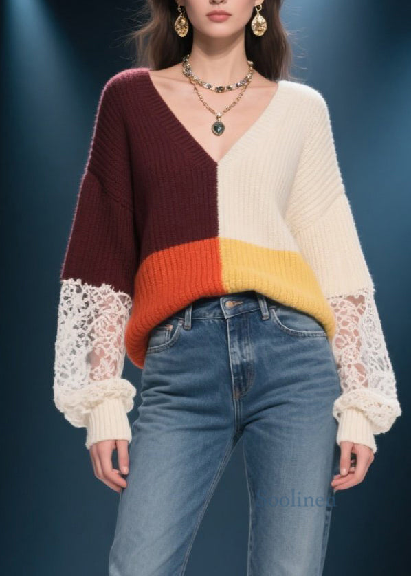 Elegant Colorblock V Neck Lace Patchwork Knit Sweater Fall