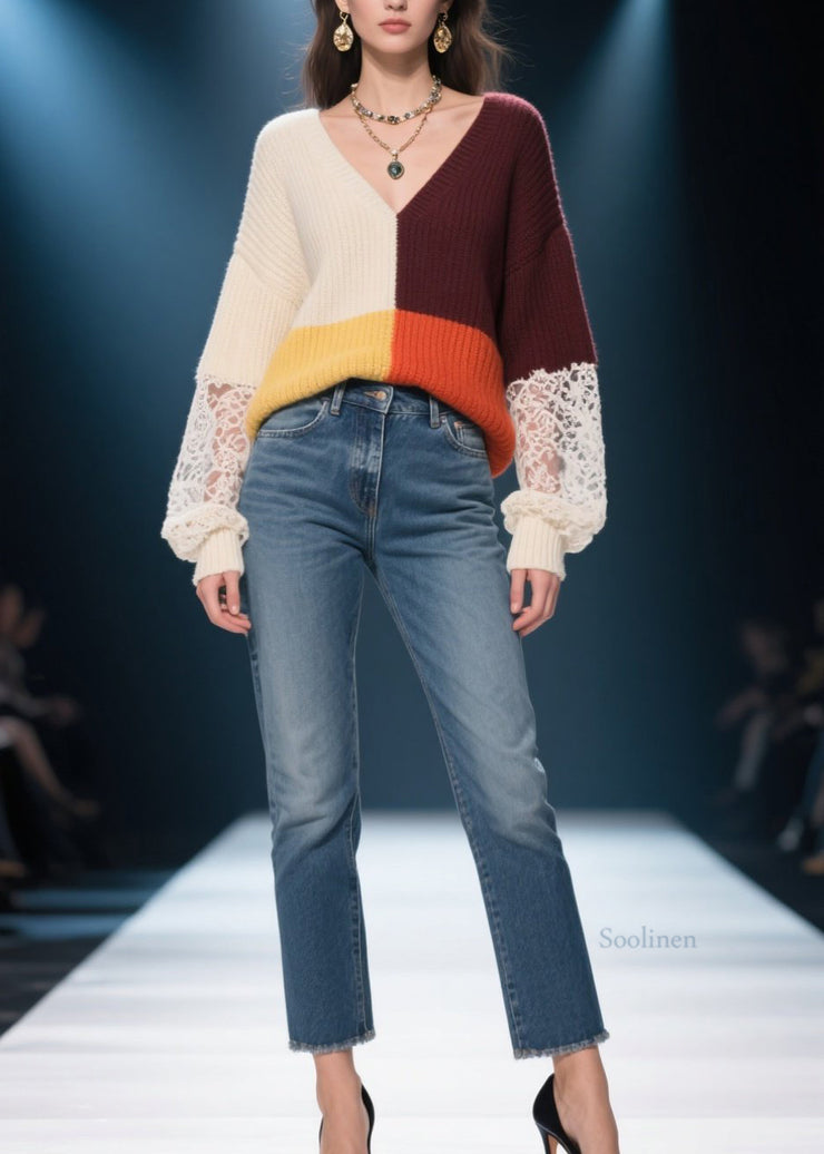 Elegant Colorblock V Neck Lace Patchwork Knit Sweater Fall