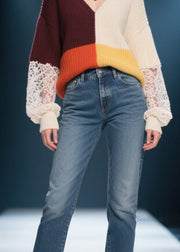 Elegant Colorblock V Neck Lace Patchwork Knit Sweater Fall