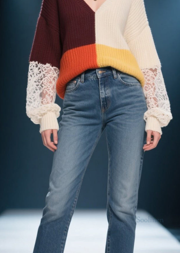 Elegant Colorblock V Neck Lace Patchwork Knit Sweater Fall