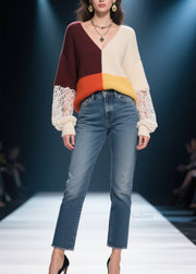 Elegant Colorblock V Neck Lace Patchwork Knit Sweater Fall