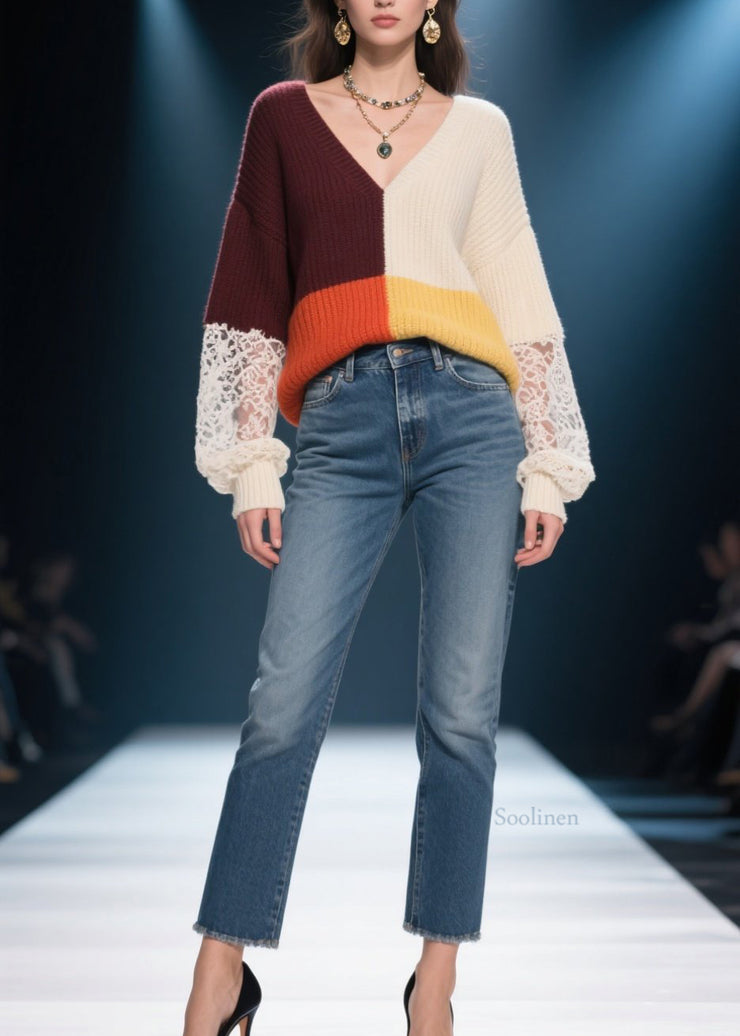 Elegant Colorblock V Neck Lace Patchwork Knit Sweater Fall