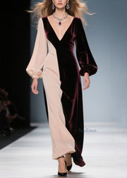 Elegant Colorblock V Neck Patchwork Velvet Long Dress Fall
