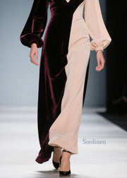 Elegant Colorblock V Neck Patchwork Velvet Long Dress Fall
