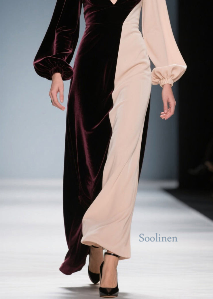 Elegant Colorblock V Neck Patchwork Velvet Long Dress Fall