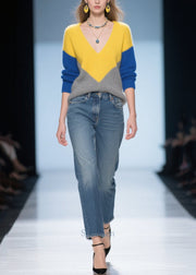 Elegant Colorblock V Neck Patchwork Warm Sweater Tops Winter