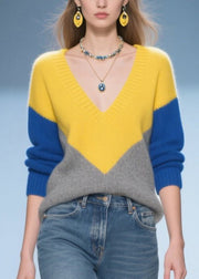 Elegant Colorblock V Neck Patchwork Warm Sweater Tops Winter