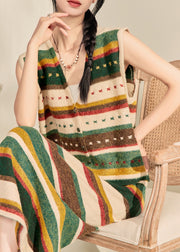 Elegant Colorblock V Neck Striped Knit Waistcoat And Maxi Skirts Two Piece Set Sleeveless