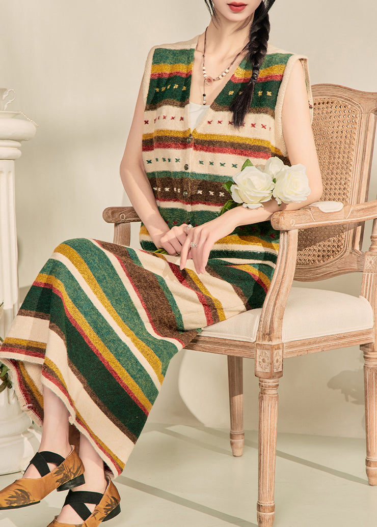 Elegant Colorblock V Neck Striped Knit Waistcoat And Maxi Skirts Two Piece Set Sleeveless
