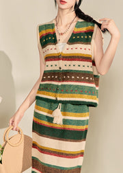 Elegant Colorblock V Neck Striped Knit Waistcoat And Maxi Skirts Two Piece Set Sleeveless