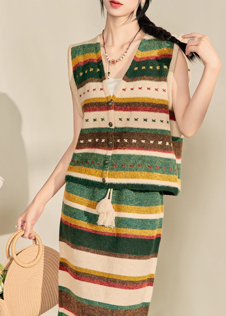 Elegant Colorblock V Neck Striped Knit Waistcoat And Maxi Skirts Two Piece Set Sleeveless