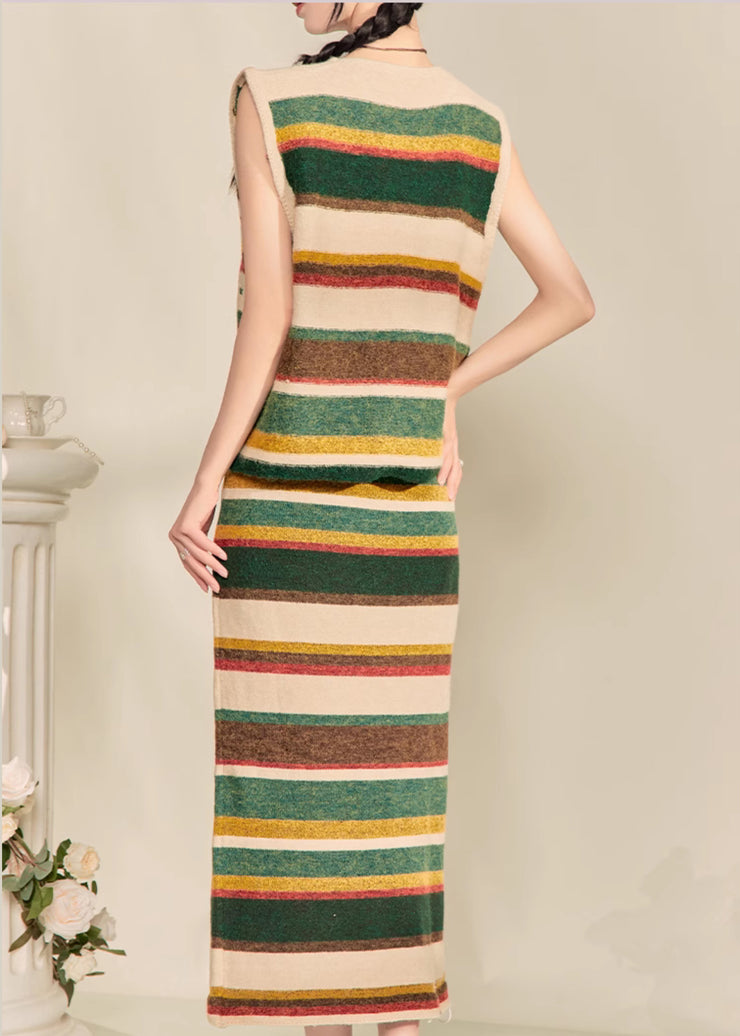 Elegant Colorblock V Neck Striped Knit Waistcoat And Maxi Skirts Two Piece Set Sleeveless