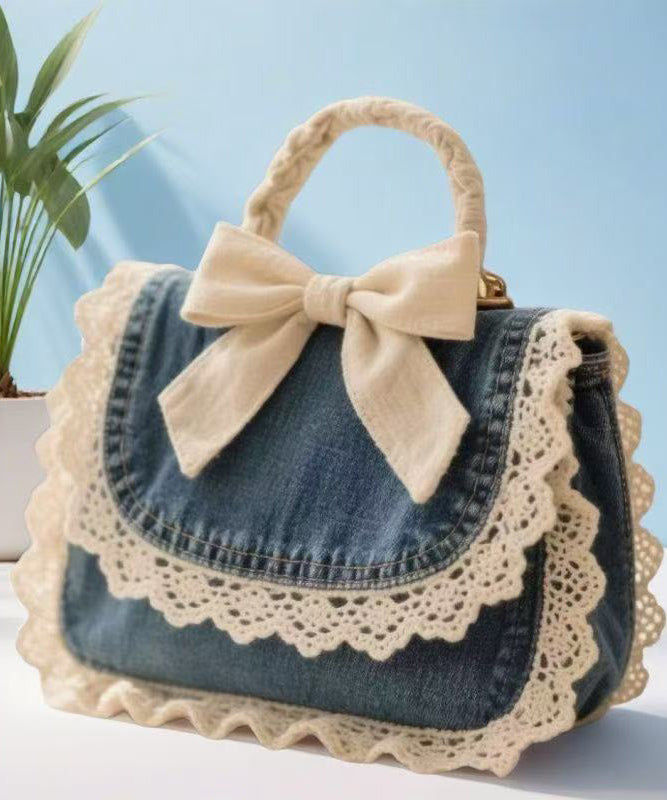 Elegant Denim Blue Patchwork Lace Bow Tote Handbag