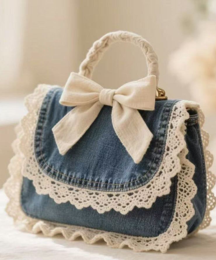 Elegant Denim Blue Patchwork Lace Bow Tote Handbag