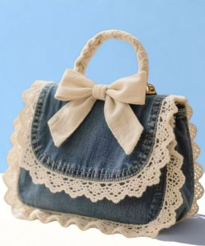 Elegant Denim Blue Patchwork Lace Bow Tote Handbag