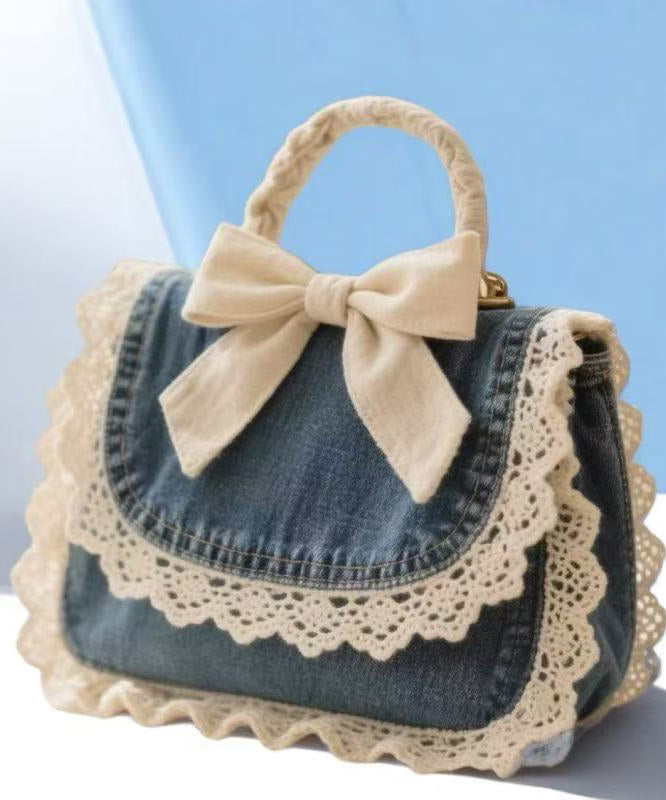 Elegant Denim Blue Patchwork Lace Bow Tote Handbag
