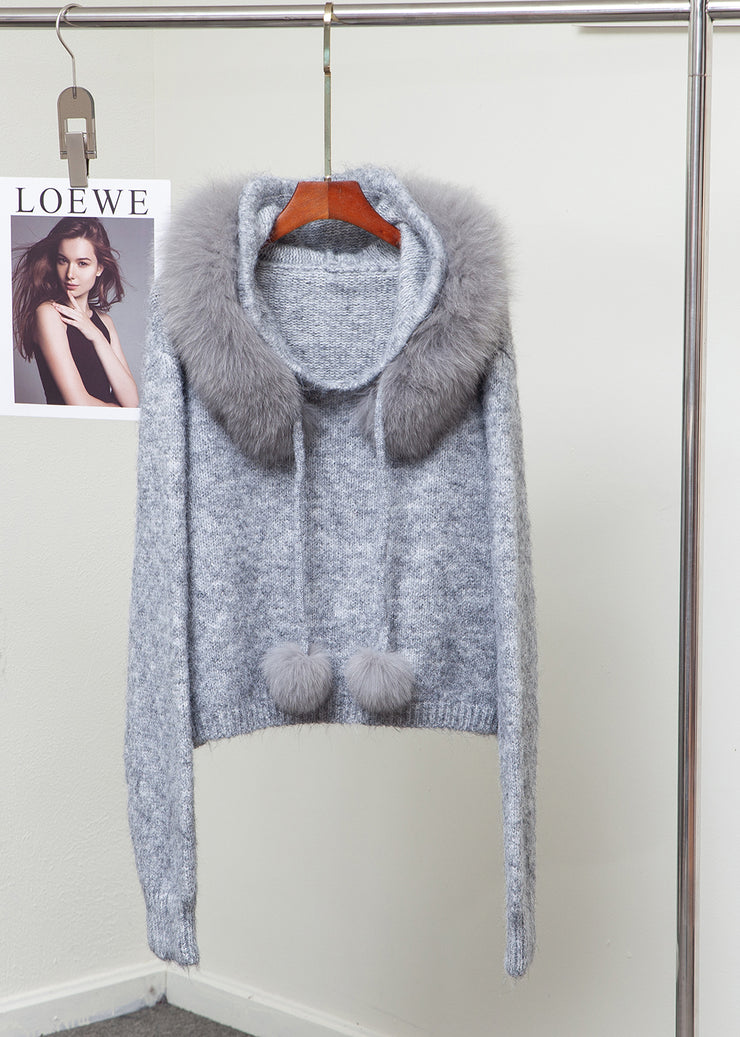 Elegant Fox Collar Fuzzy Ball Decorated Warm Knit Sweater Winter