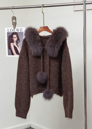 Elegant Fox Collar Fuzzy Ball Decorated Warm Knit Sweater Winter