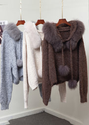 Elegant Fox Collar Fuzzy Ball Decorated Warm Knit Sweater Winter